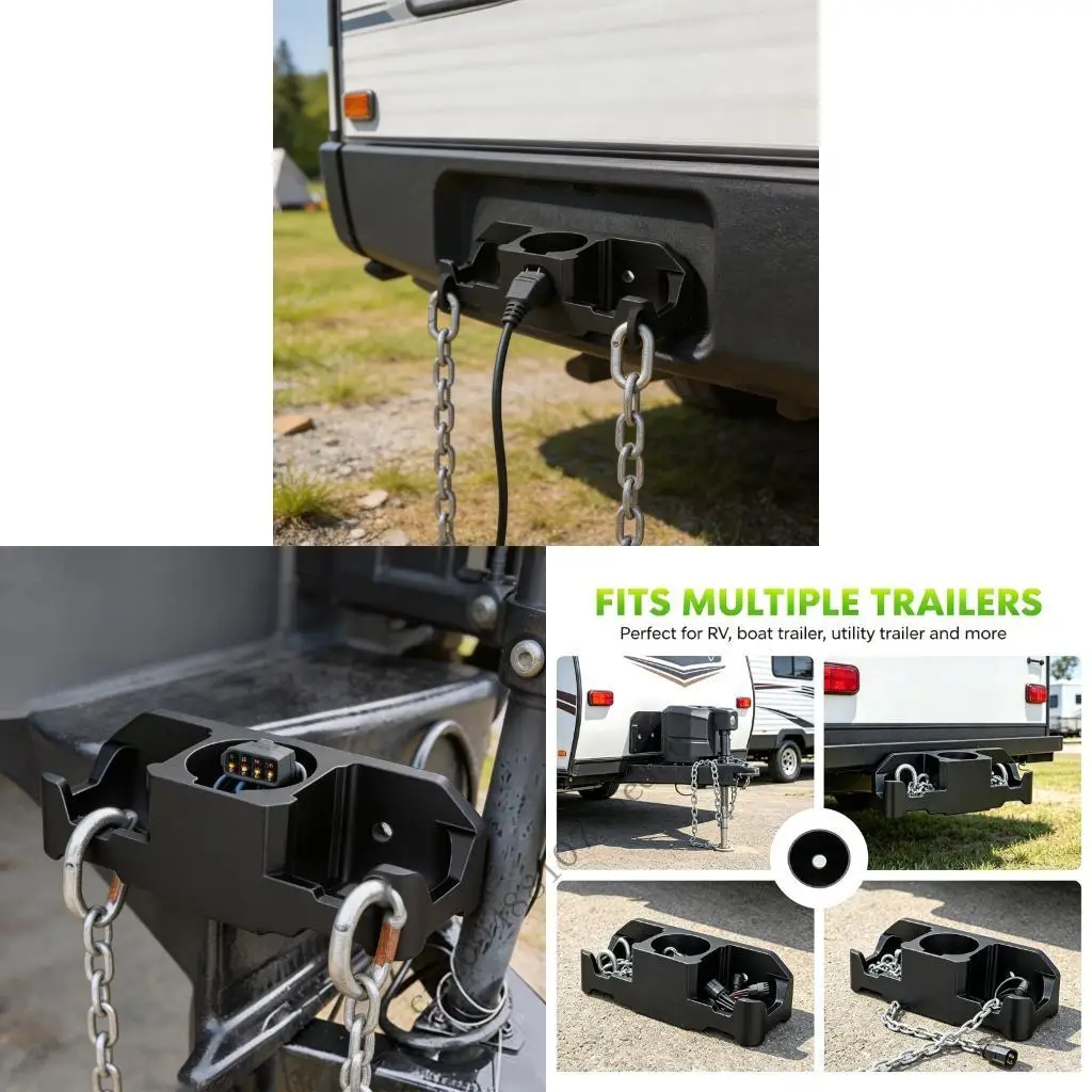 Tow Chain Storage Bracket Black Aluminum Mount with Center Opening and Side Chain Arms for Trailer Accessory Storage and Towing