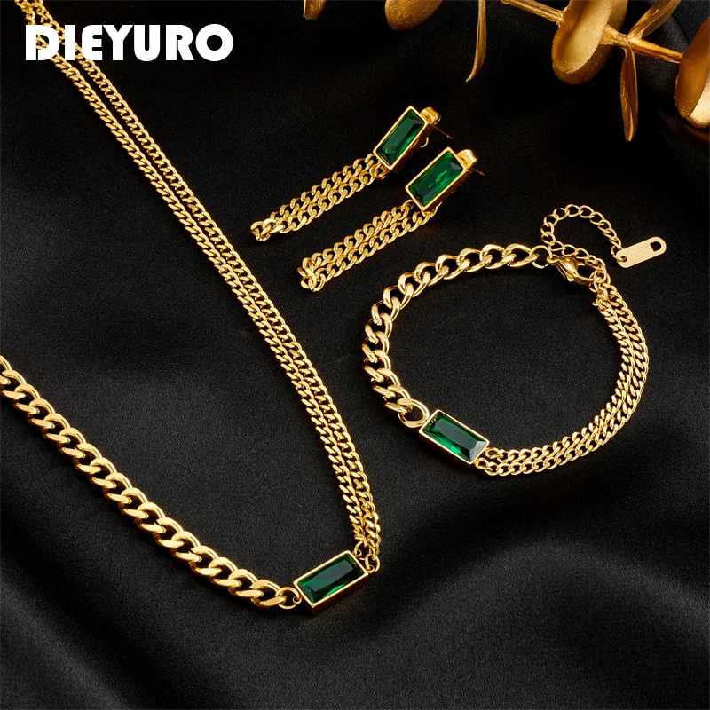 

DIEYURO 316L Stainless Steel Square Green Crystal Zircon Necklace Bracelets Earrings For Women Girl Fashion Non-fading Jewelry