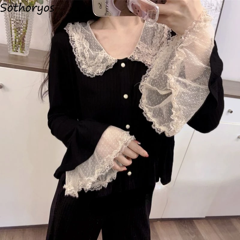 Pajama Sets Women Sexy Lace Peter Pan Collar Sleepwear Lovely Korean Fashion Long Sleeve Pajamas Spring Autumn Sweet Female Home