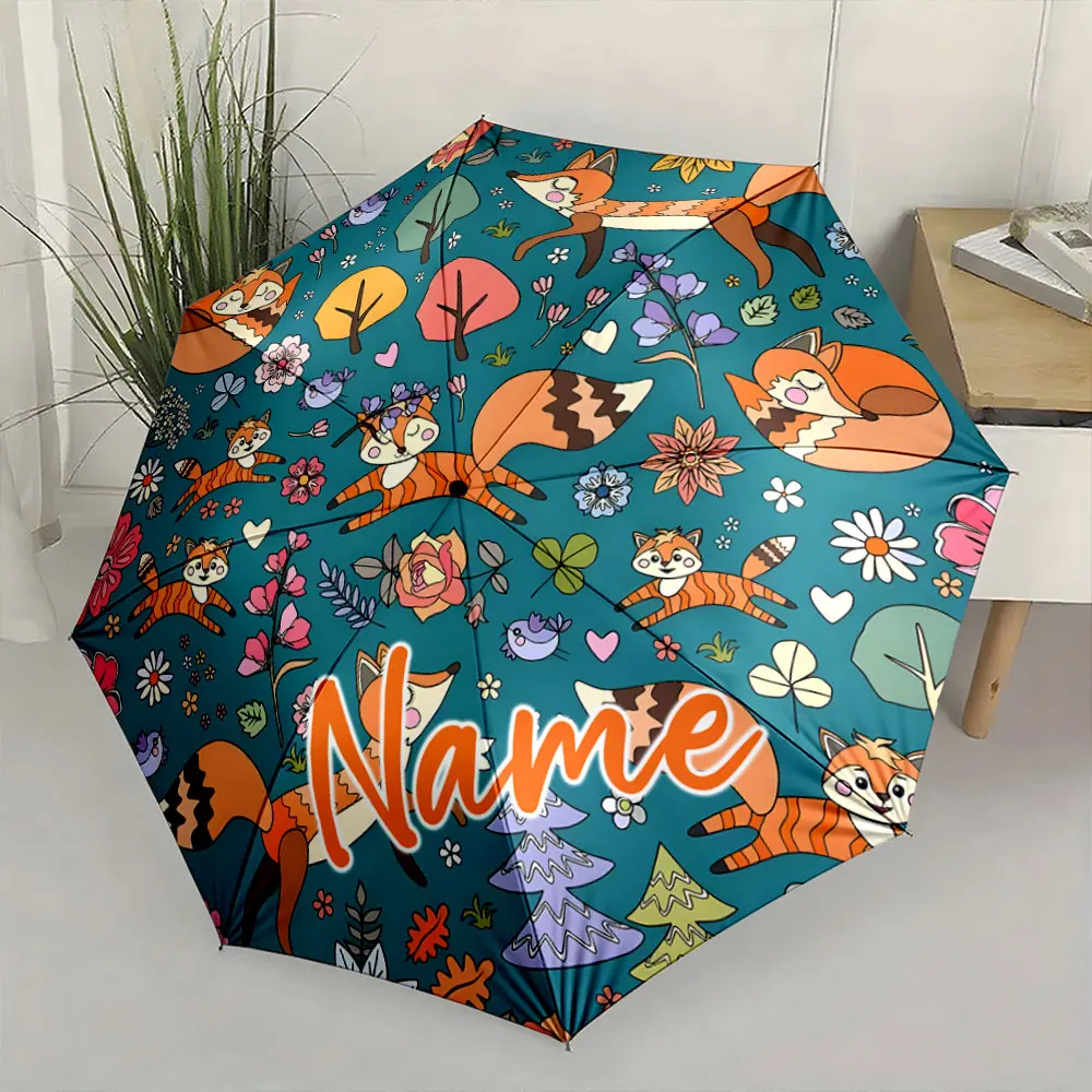 Custom Name Whimsical Fox-Patterned Umbrella with Colorful Forest Print 8 Iron Ribs Folding Umbrella Auto-Open Fashion Sunshade