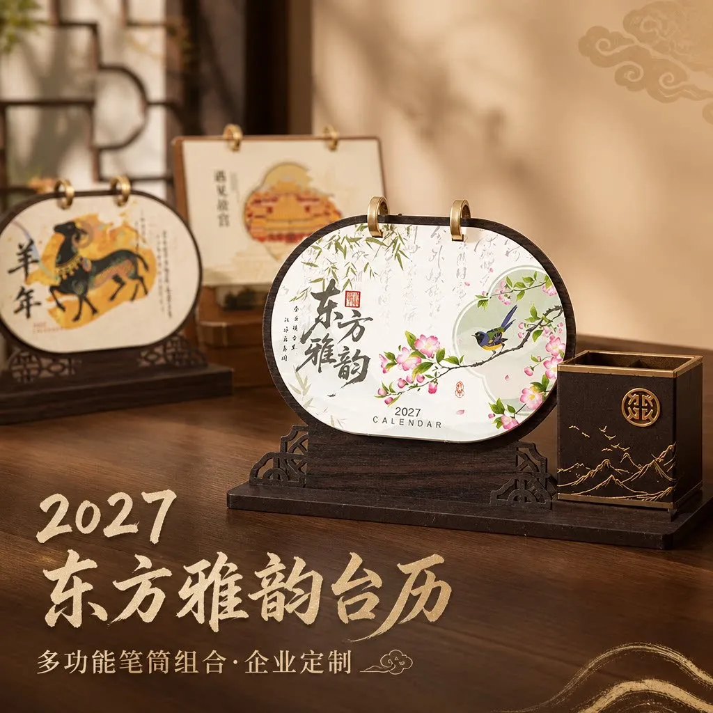 2027 Chinese Style Wooden Desk Calendar with Pen Holder Round Wood Base Monthly Flip Pages Tabletop Decor for Office Home