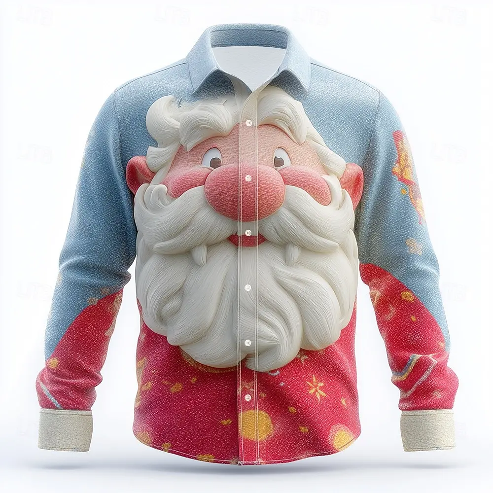 

Christmas Men's Santa Claus 3D Cartoon funny christmas Shirt Button Up Shirt Long Sleeve Funny Christmas Gifts Holiday Spring