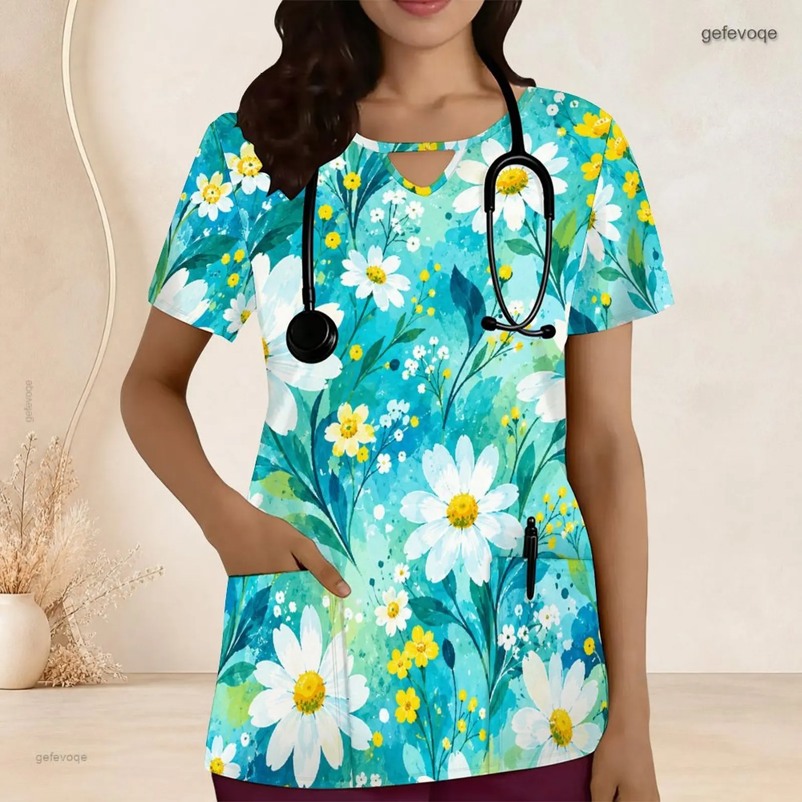 Women Printed Daisy Floral Turquoise Blue Keyhole Neck Short Sleeve Scrub Top with Front Pockets