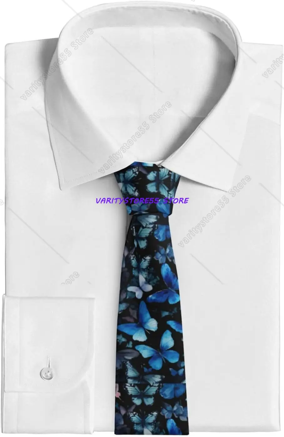 Blue Butterflies White Flowers Print Men Cufflinks Tie Skinny Necktie Great For Weddings Groom Groomsmen Missions Gift