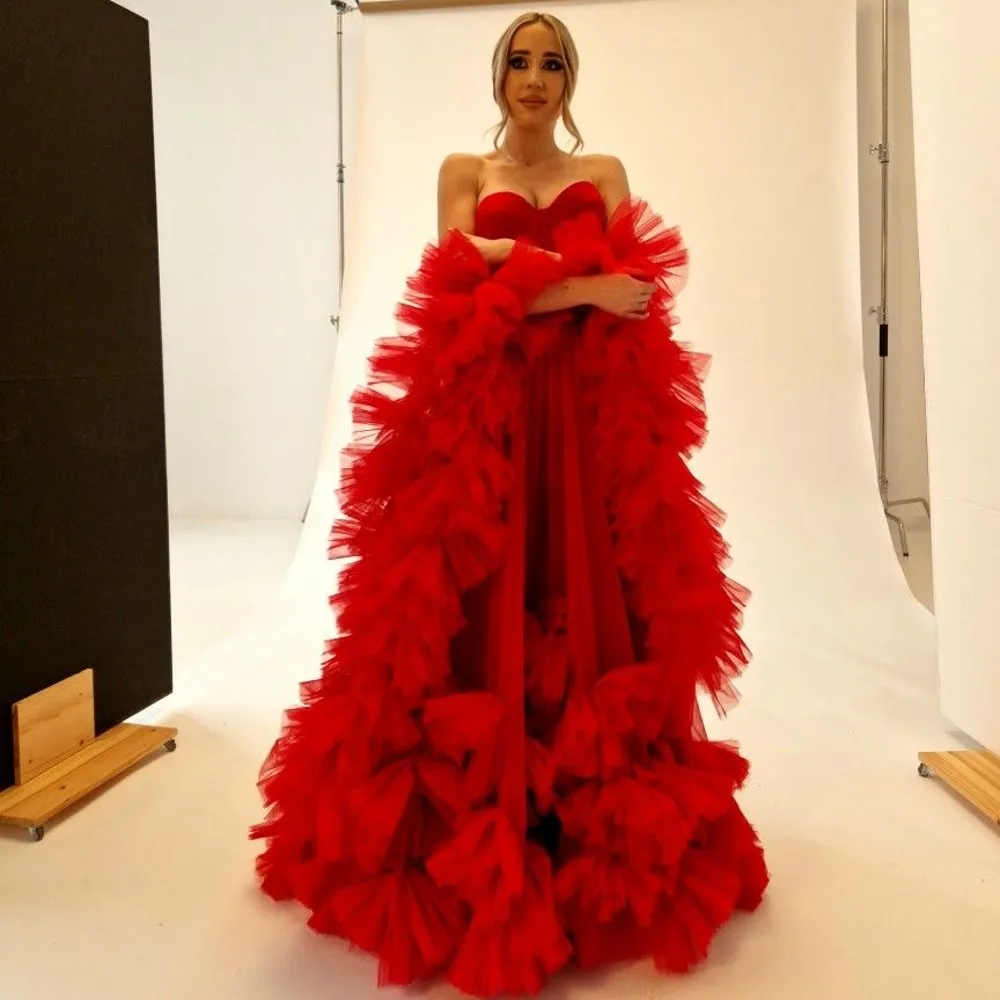 Charmoso vestido de baile em camadas vermelho com envoltório de tule querida vestidos de noiva longos femininos vestidos formais de festa para meninas