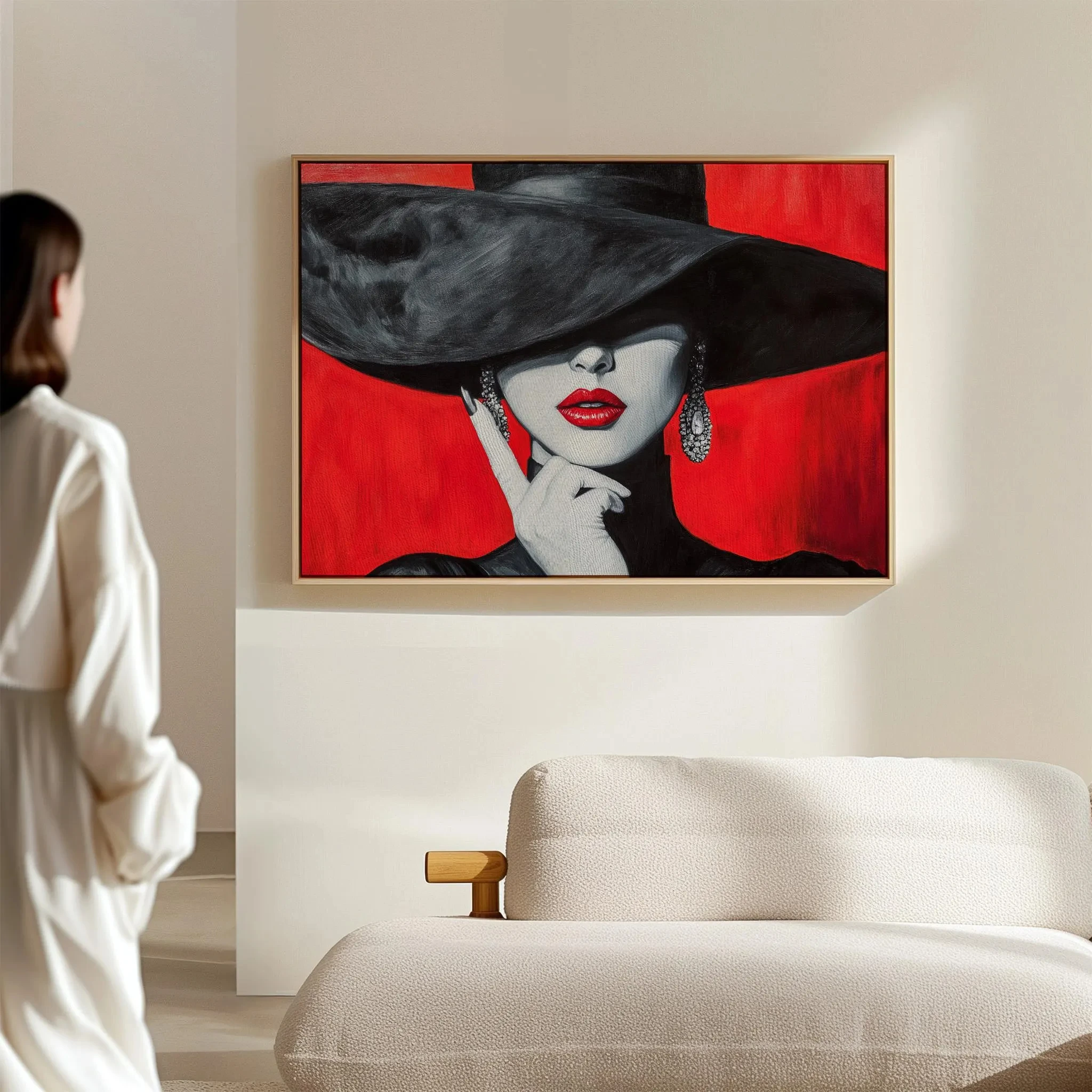 Large Size Chic Red and Black Canvas Wall Art, Bold Fashion Portrait with Red Lips, Hat, and Earrings Posters, Home Decor Unfram