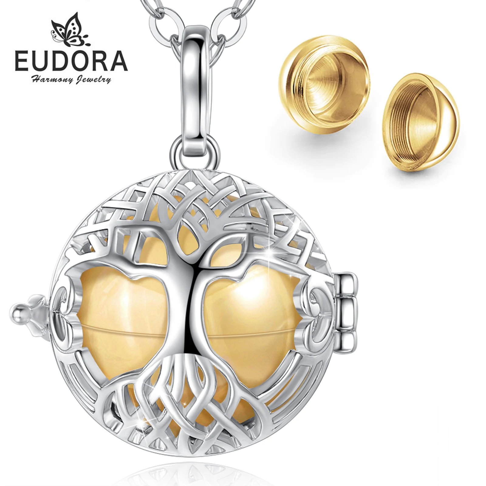 EUDORA Urn Cremation Pendant 20mm Bloom Tree of life Cage Pen Locket Ash Holder Keepsake Capsule Necklace Hollow Ball DIY Jewelr
