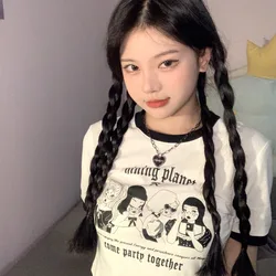 Korean High Street Vintage Women Top Round Neck Fashion Letter Print Crop Top Summer New 2024 Women's Short Sleeve Tee