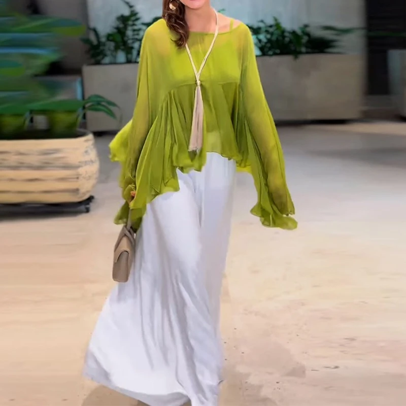 موضة بسيطة الصلبة 2 قطعة مجموعة المرأة أنيقة س الرقبة طويلة الأكمام كشكش بلوزة قمصان و بنطال ذو قصة أرجل واسعة الدعاوى خريف 2025