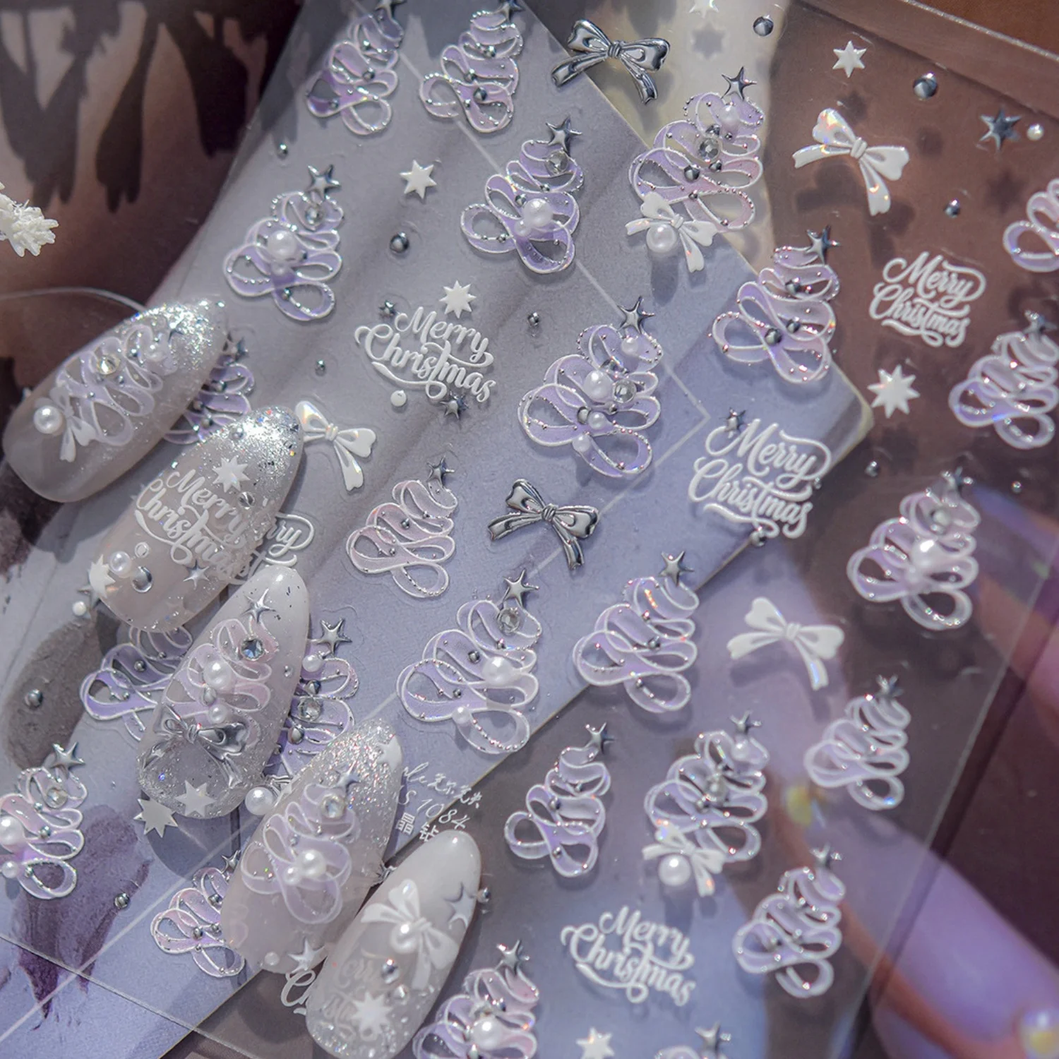 Merry Christmas 5D Nail Art Stickers Silver Hollow‑Out Ribbon Christmas Tree Pentagram Bow Star Self‑Adhesive Nail Decoration