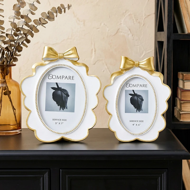 French Style Bowknot Resin Photo Frame White Gilded Tabletop Picture Stand 6/7 Inch Desktop Photo Holder Home Decor Ornament