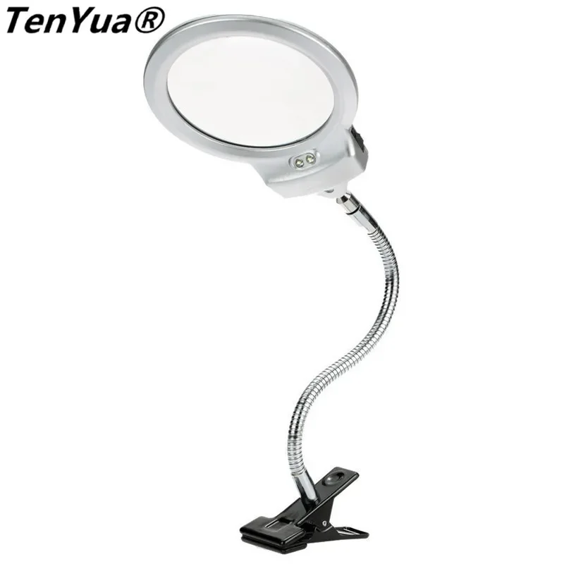 TenYua 2.5X 107MM 5X 24MM LED Illuminating Magnifier Metal Hose Magnifying Glass Desk Table Reading Lamp Light with LED Clamp