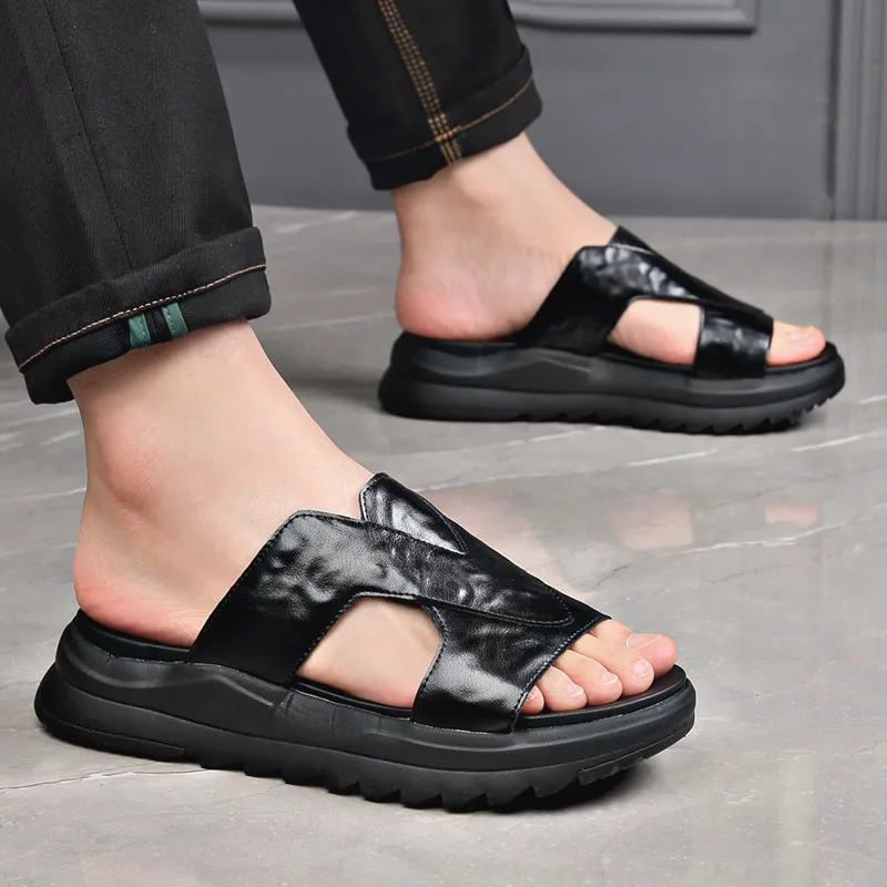 

Men's Slippers Summer Thick-soled Increase of 5CM High-end One-word Drag Leather Soft-soled Deodorant Light Beach Sandals Men