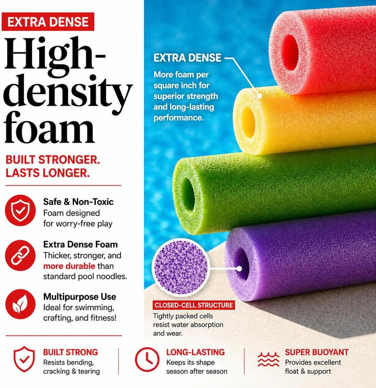 40 Pack Pool Noodles Foam - 4 Colors Extra Dense Foam Bulk Swim Noodles for Pool, Lake & Float Training - Durable Water & Exercise Tubes, Multi-Use, Craft Projects, Pipe Insulation view 3