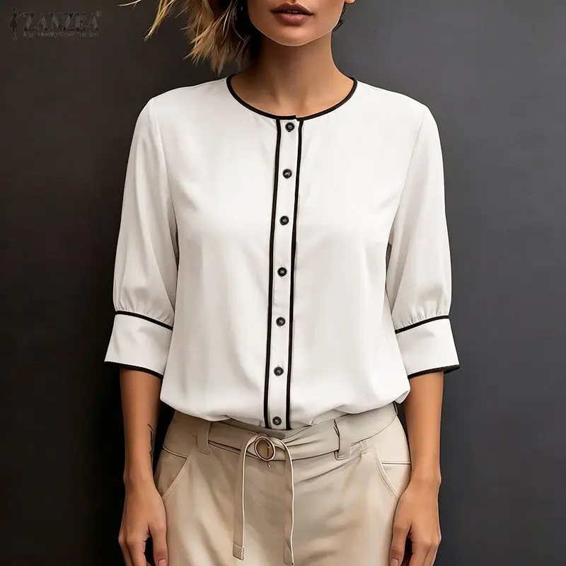 ZANZEA Women's Fashion Contrast-Trim Shirts 3/4 Sleeves O-Neck Button Up Casual Tops 2026 Summer Streetwear Chemises Femme