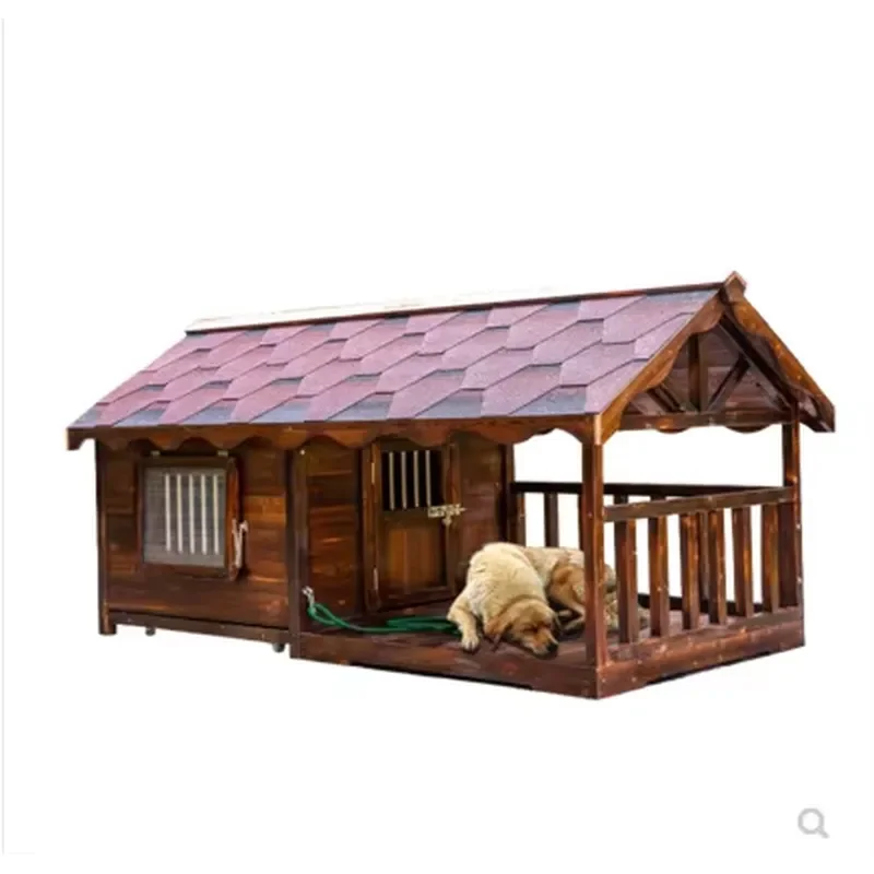 Rainproof Outdoor Carbonized Solid Wood Dog House, Large Dog Cage in Courtyard Enclosure, Waterproof Wooden Kennel