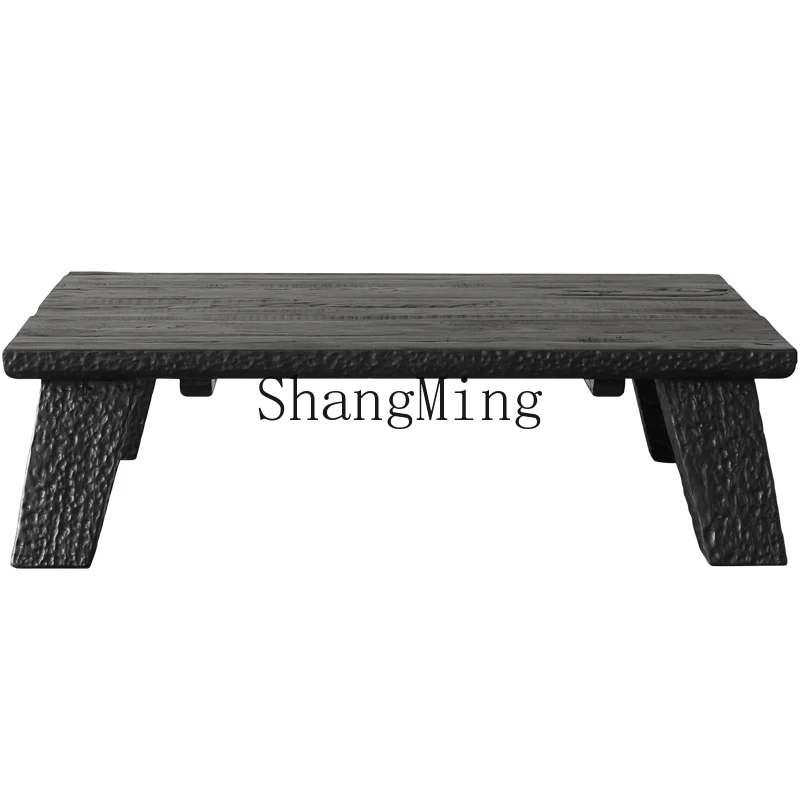 CL Wabi-Sabi Style Black Solid Wood Relief Square Coffee Table Antique Replica Vintage Old Wood Coffee Table Low Table