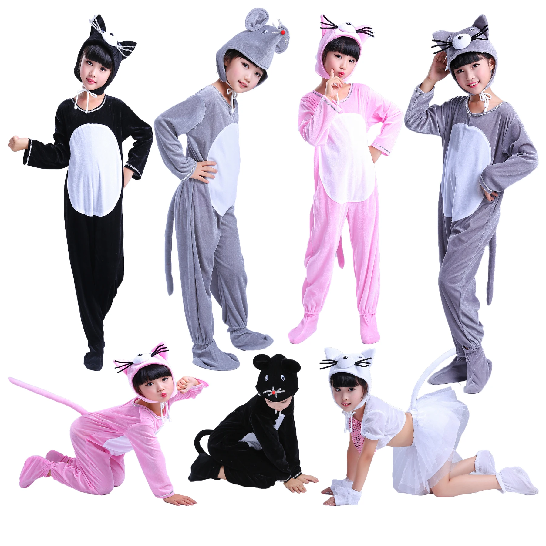 Tier Katze kleine Maus Cosplay Kostüm Junge Mädchen Cartoon Kostüm grau Kurzarm lustige Anzug Halloween Karneval Overall Kinder