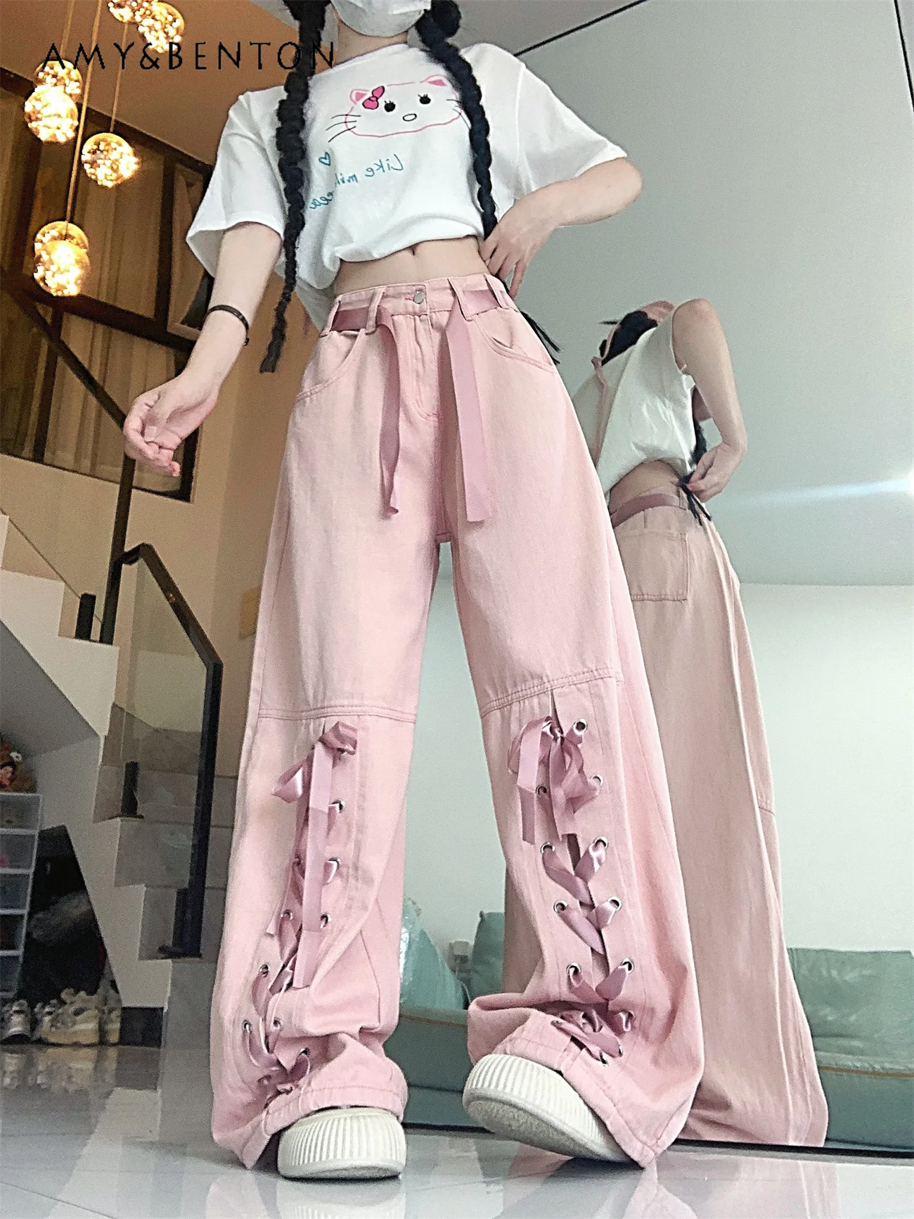 Dopamine Girl Bow Tie Strap Loose Cargo Jeans Women Spring Autumn New Sweet Cool High Waist Slim Fit Hot Girl Y2K Long Pants