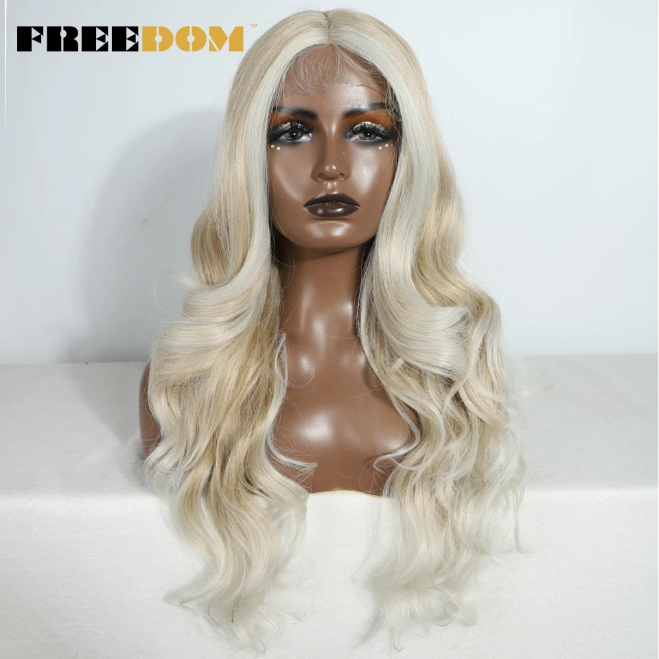FREEDOM Synthetische Lace-Front-Perücken für Damen, 26 Zoll, Highlight Honey Brown, gewellte Perücke, Ombre-Blond, Lace-Perücke, synthetische Cosplay-Perücke – Detail 16