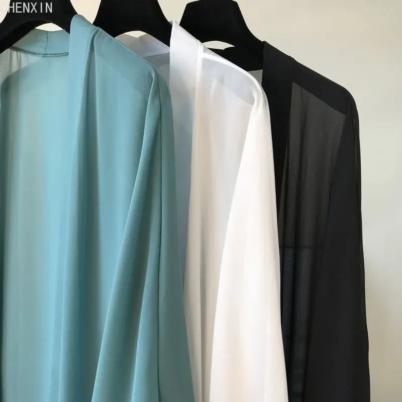 long Jacket Women Summer Thin Loose See-through Sunscreen Pure Long Sleeve Sexy Coat Chiffon Bohemian Female New Fashion Tops