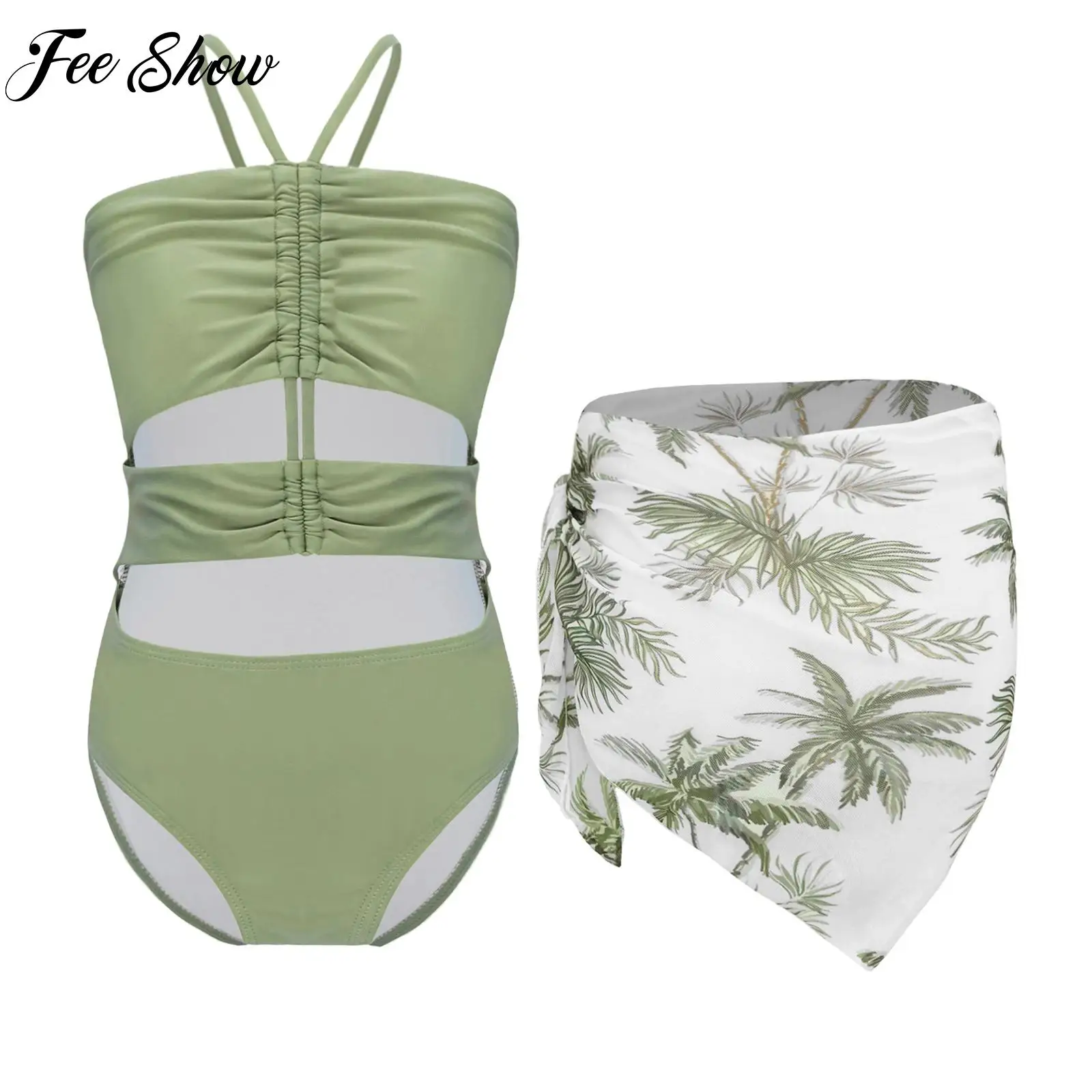 

Kids Girls Summer Breathable Beach Bathing Suits Sleeveless Swim Jumpsuit+Chiffon Cover Up Skirt Set Tropical Print Set Swimwear