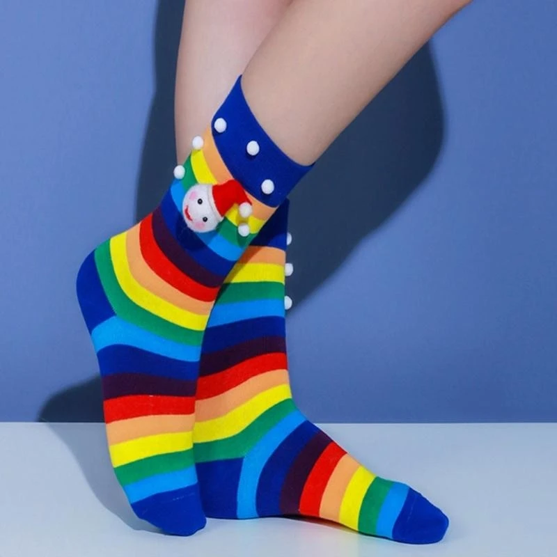 

1 Pair Christmas Socks Painting Pattern Fashion Rainbow Stripe Socks Warm Socks 15UB