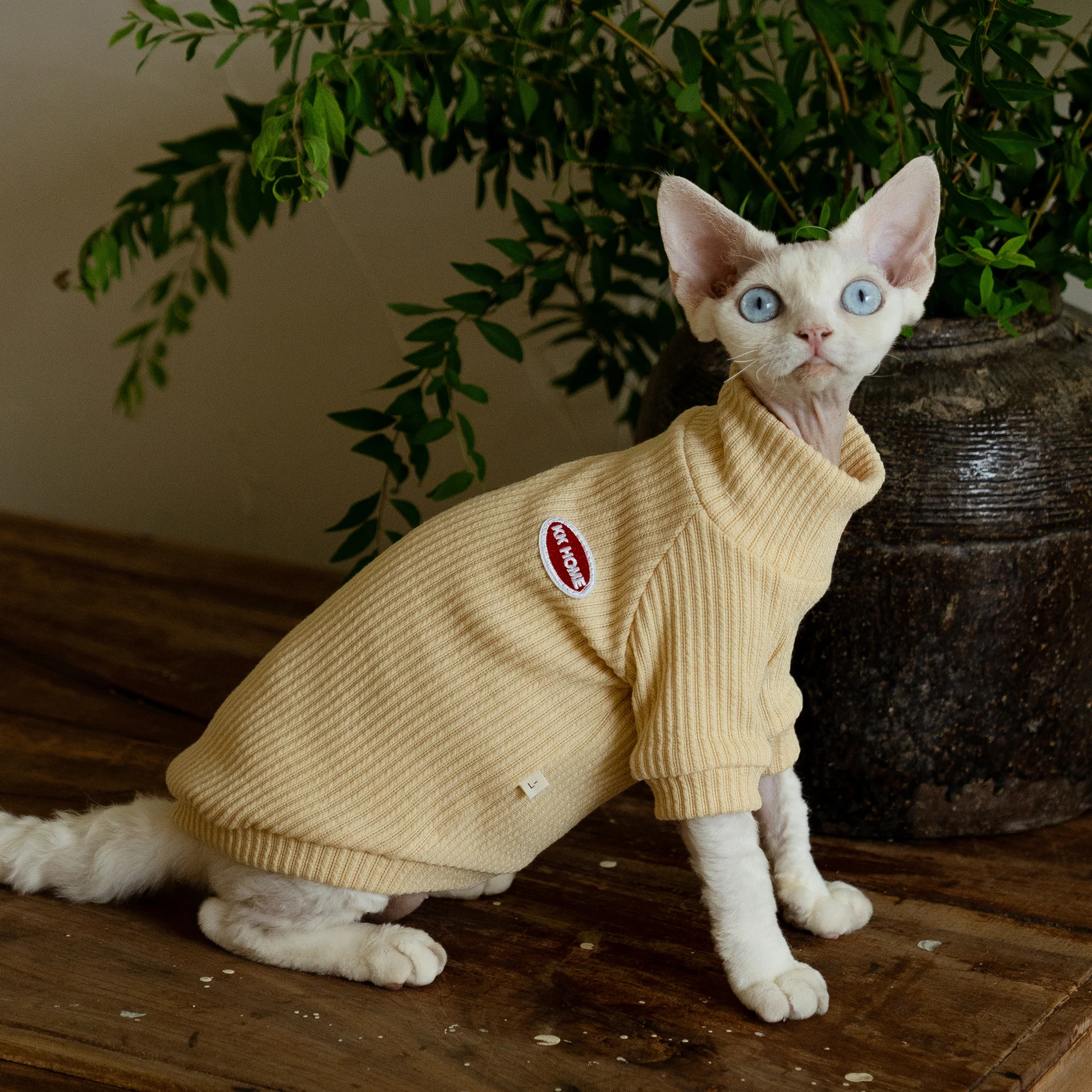 High-necked Light Yellow Shirt for Sphynx Cat Long Sleeves Cotton Undercoat Winter for Kittens Soft Pajamas for Devon Rex Spring