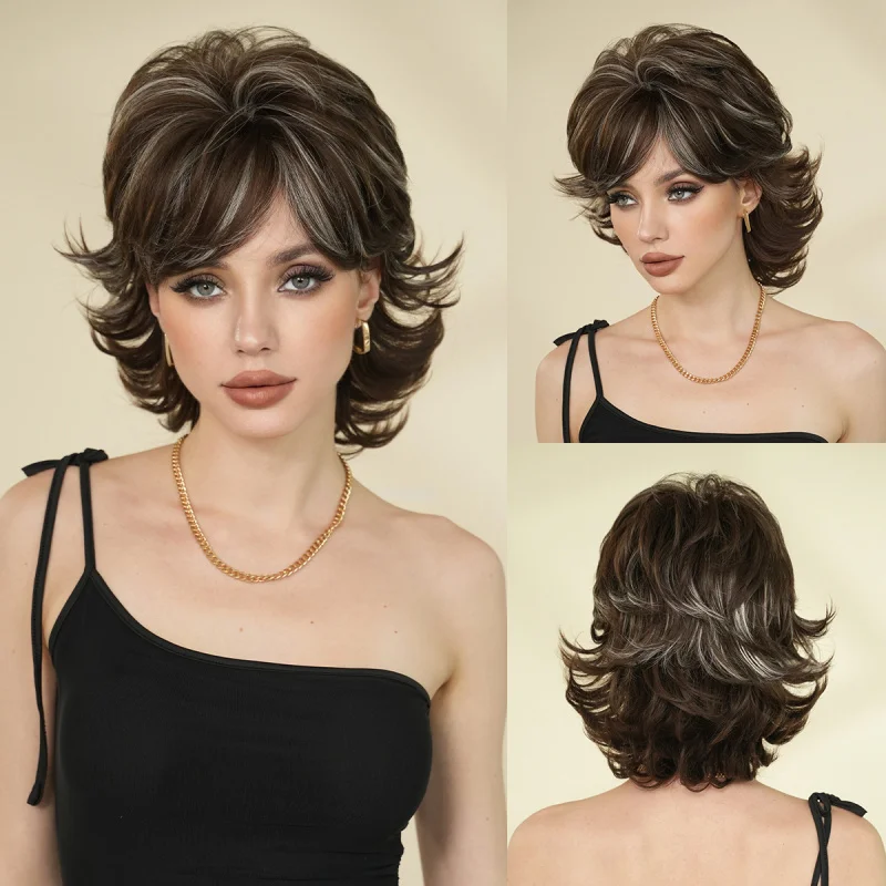 European and American women's elf with highlights in gray, 70s-80s style, summer short synthetic fiber wig