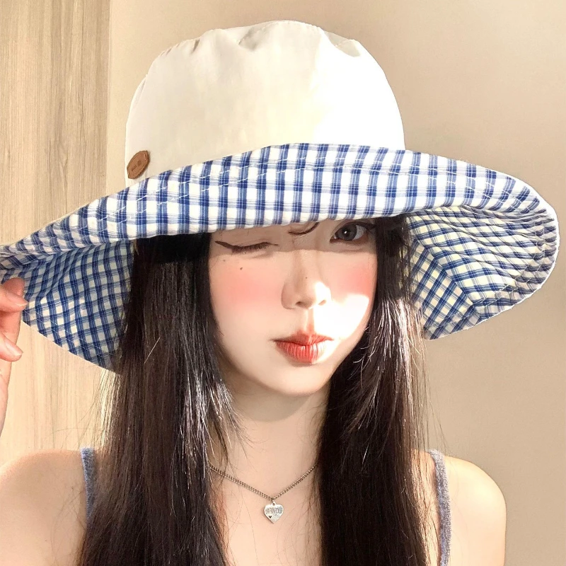 New Korean Checkered Lace Up Fisherman Hat for Women, Double-sided Wear, Summer Sun Shading and Protection
