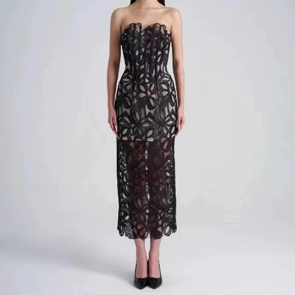

Lace embroidered dress European and American tube top slim fashion celebrity party cocktail sexy light luxury dress-GZXX1391