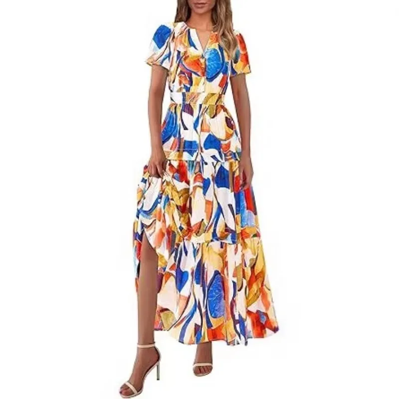 European Women Ruched Bohemian Floral Short Sleeve Tiered Dress Summer Casual Beach Flowy Sundress