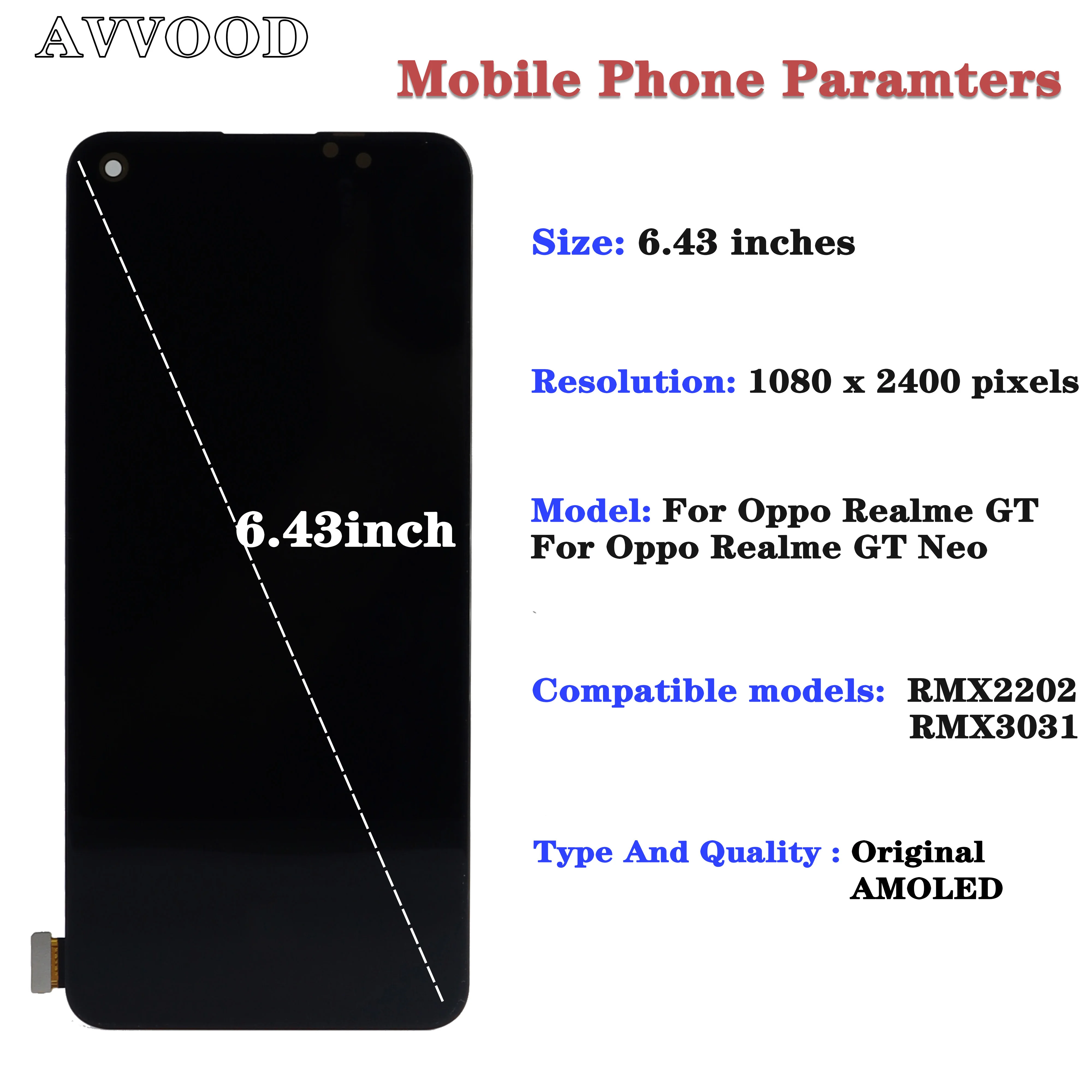 For OPPO Realme LCD Display Touch Screen Digitizer Assembly, AMOLED for Realme GT 5G, RMX2202, GT Neo RMX3031