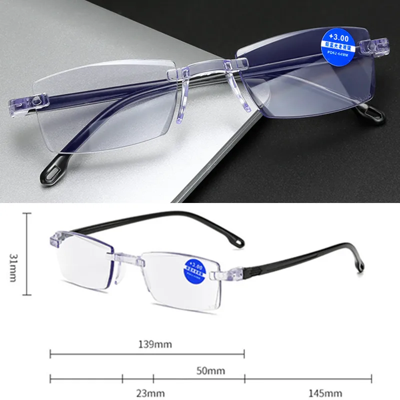 FG Men Women Rimless Reading Glasses bifocal presbyopia remote and near dual-use Anti Blue Light Presbyopic Glasses +100-+400