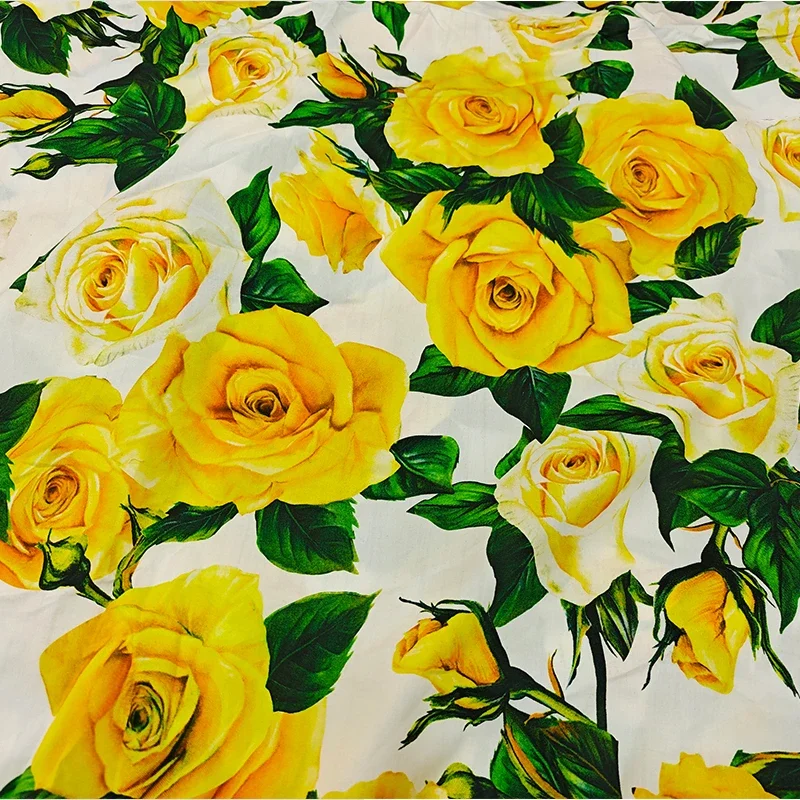 Spring and Summer Luxury Brand Yellow High Quality Big Flower Digital Printing Chiffon Dress Shirt Pure Cotton Clothing Fabric