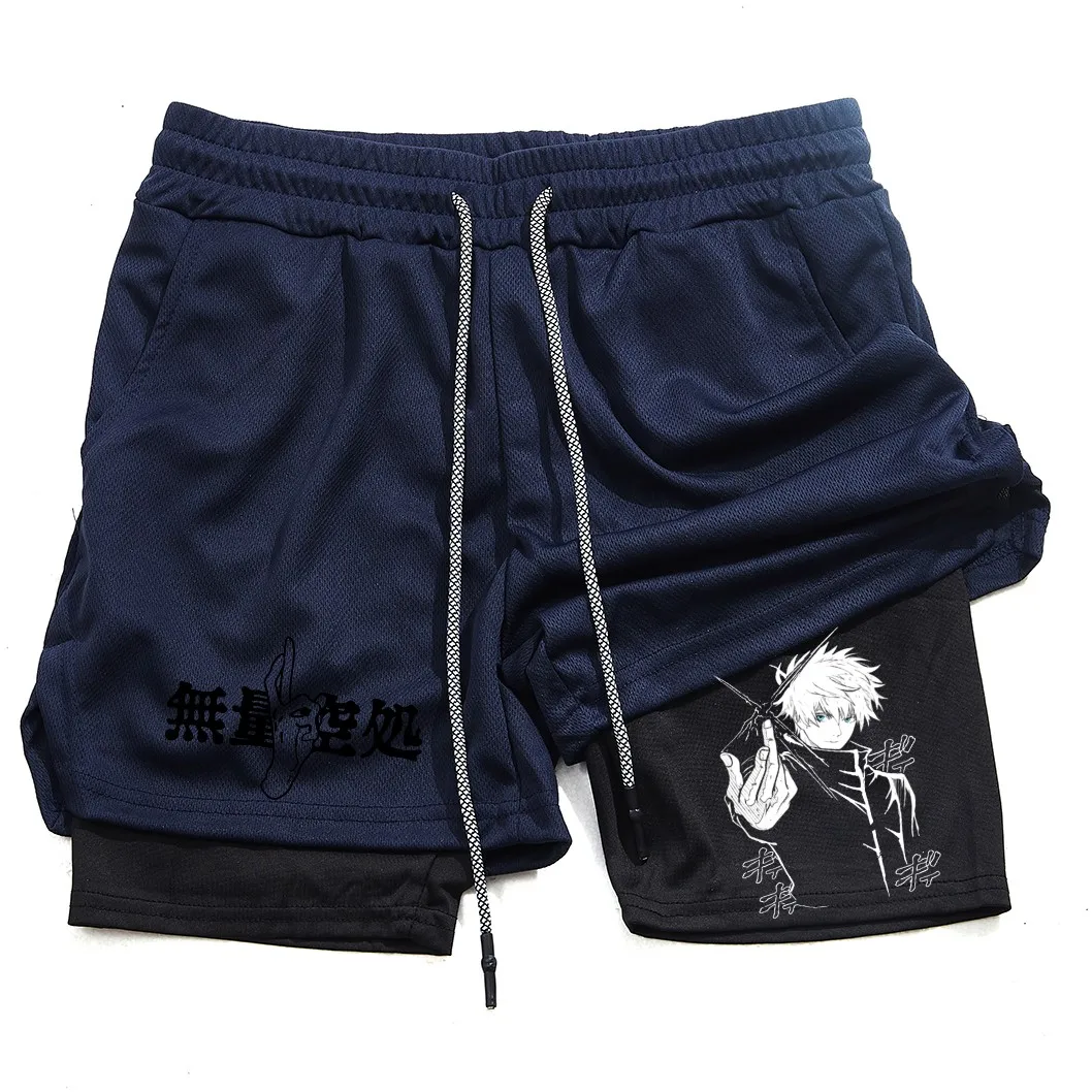 Pantalones cortos de compresión de Anime para hombre, ropa deportiva de verano, 2 en 1, entrenamiento, Fitness