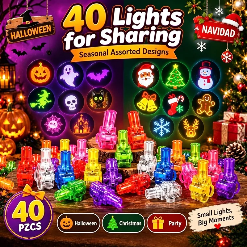 40Pcs LED Projection Finger Lights Halloween Christmas Patterns Glow Finger Ring Glow in Dark Finger Ring Holiday Party Supplies