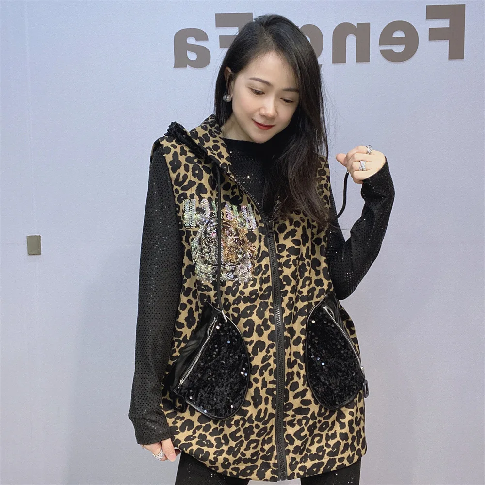 Women\'s Clothing Hot Diamond Loose Hooded Vest 2024 Winter New Fashion Chic Back Tiger Head Leopard Print Vest Jacket Female