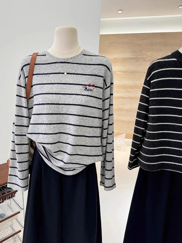 

Extra Large 300 Pou Embroidered Cartoon Striped Brued Long Sve Women's T-irt Spring Autumn Winter Loose Slimming Ba...