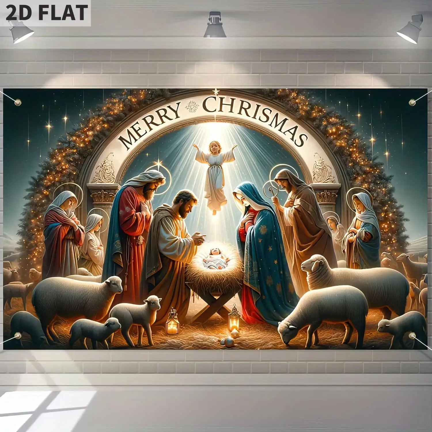 

Christmas banner Background of Joseph and Mary's birth scene - Decorative manger display for Christmas greetings, polyester
