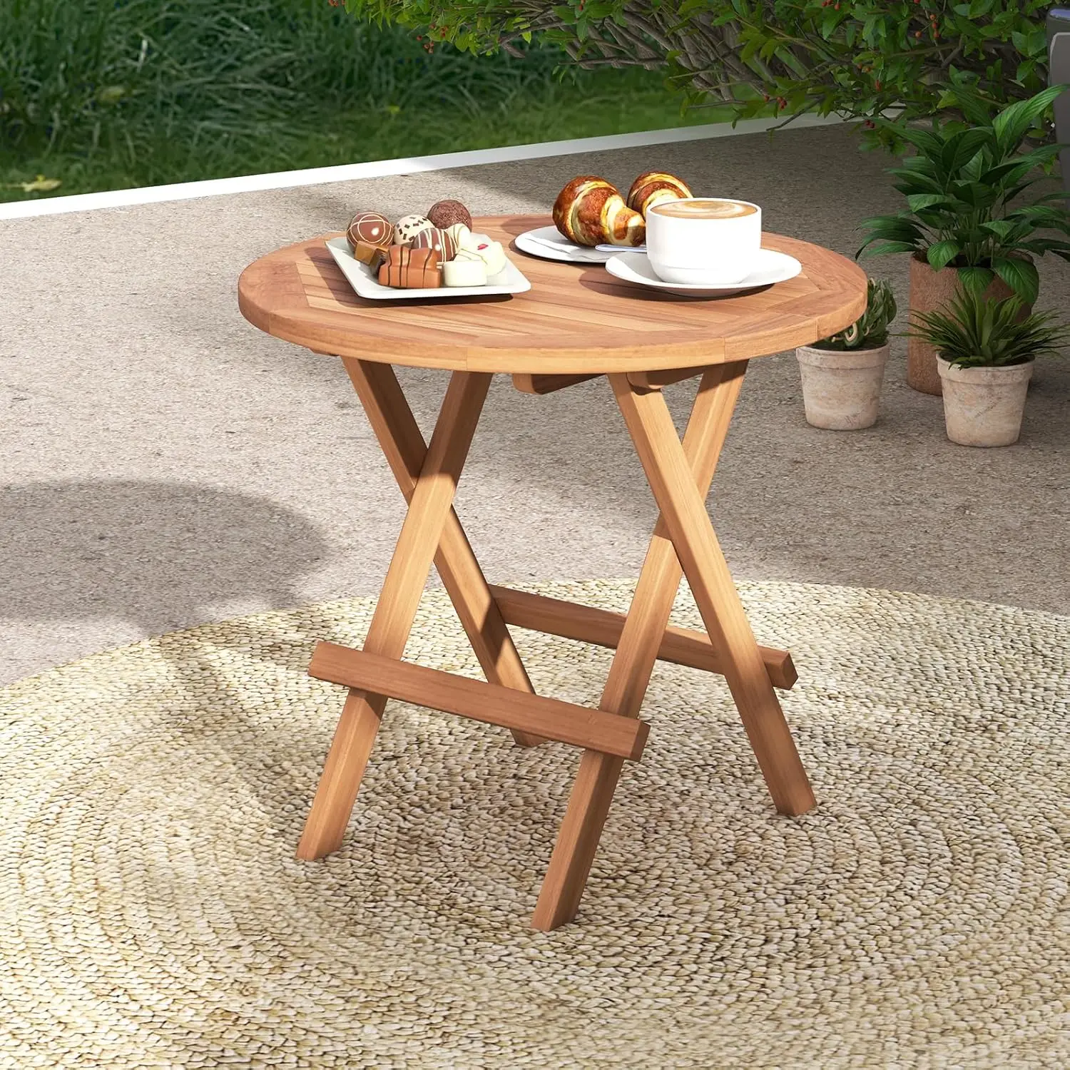 Round Folding Side Table, Teak Wood End Table with Heavy Duty X-Shaped Frame & Slatted Tabletop, Outdoor Small Coffee Table
