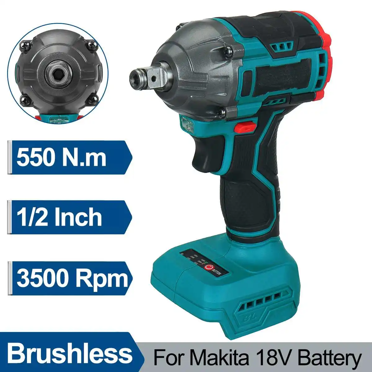 

Cordless Brushless Impact Wrench Rechargeable 1/2" 3500Rpm 550N.m Torque Electric Screwdirver For Makita 18V Battery