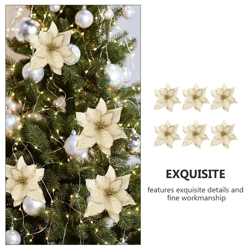 

6pcs Christmas Tree Ring Decor Delicate Simulation Flowers For Holiday Party Decoration Xmas Flower Ornament Glitter Artificial