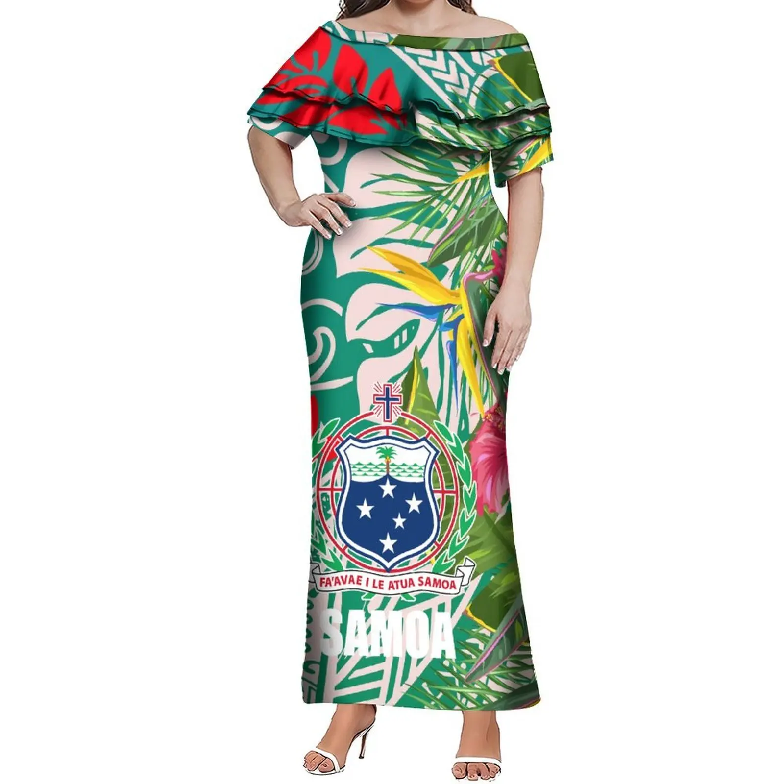 Fashion Custom Text: Polynesian One-Shoulder Double-Layered Lotus Leaf Women'S Dress Samoan Slim-Fitting Long Dress