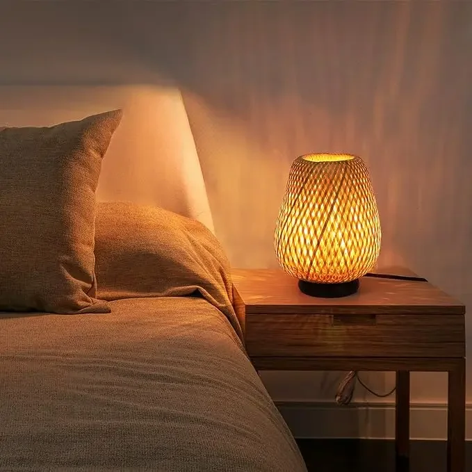 ALPINALUZ Wicker bamboo table lamp: Living room contemporary ambient light, Cable switch plug-in for bedroom and living room