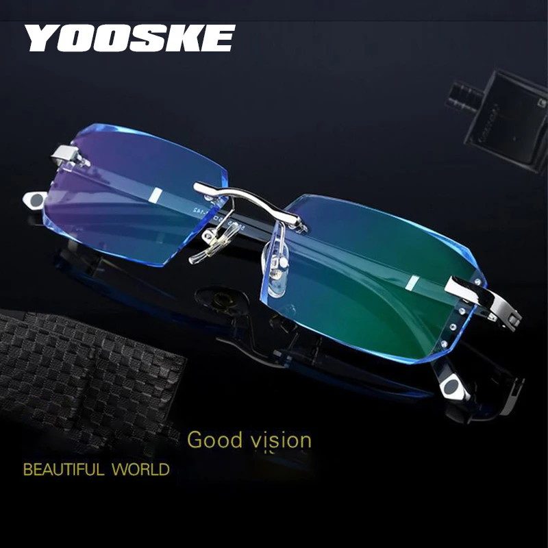 New Fashion Diamond Trimmed Reading Glasses Men Frameless Business Anti Blue Light Eyeglasses Anti Radiation Diopter Glasses