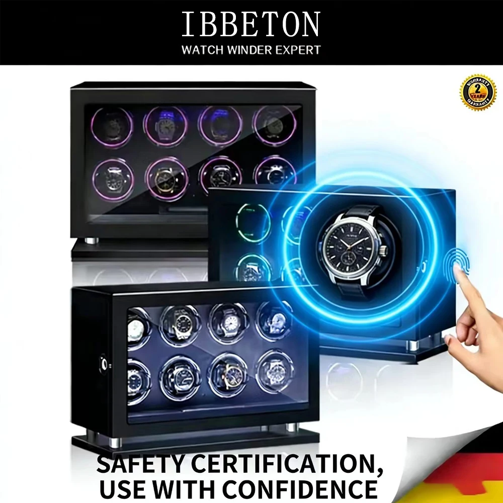 Premium 8 Watch Winder with Safety Certification & Fingerprint Lock  Elegant Watch Display & Protection Case