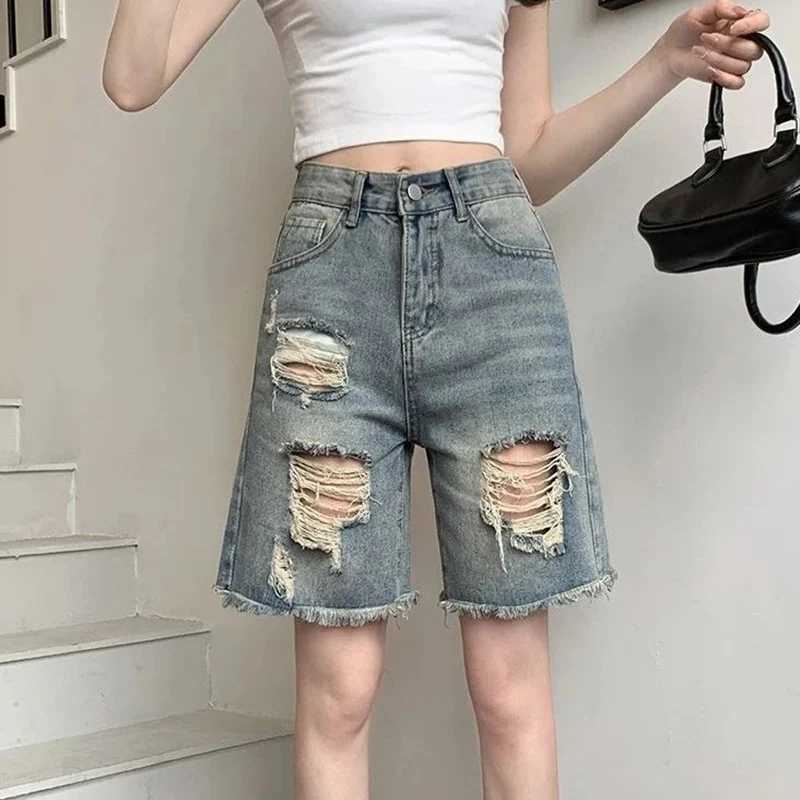 2026 Summer Girls High Waist Slim Fit Cropped Jeans Lady Fashion Raw Edge Denim Pants Women Ripped Thin Denim Shorts