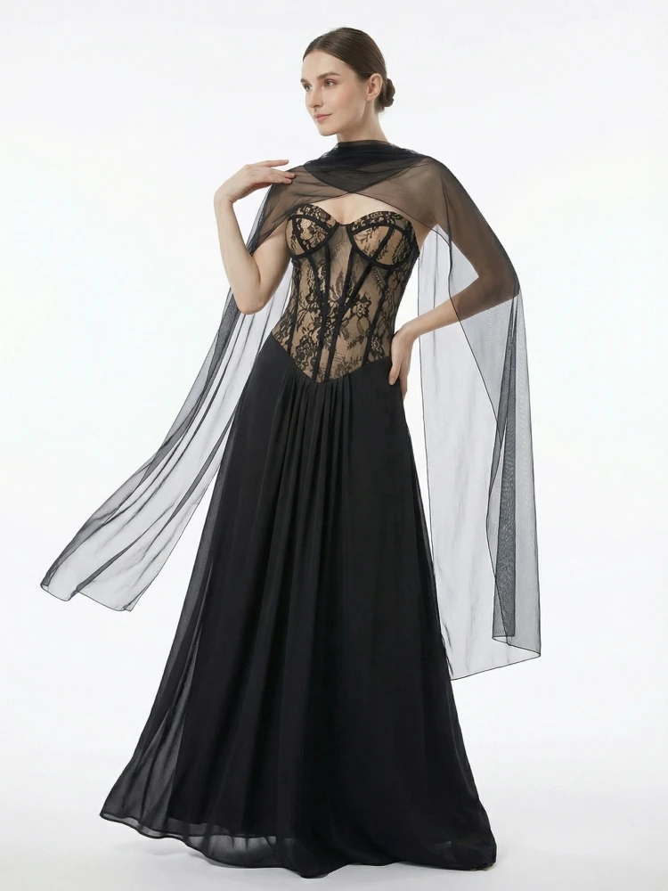 

Сексуальное черное элегантное вечернее платье макси без бретелек с кружевными вставками и шифоновой накидкой, без рукавов, с драпировкой, для женщин