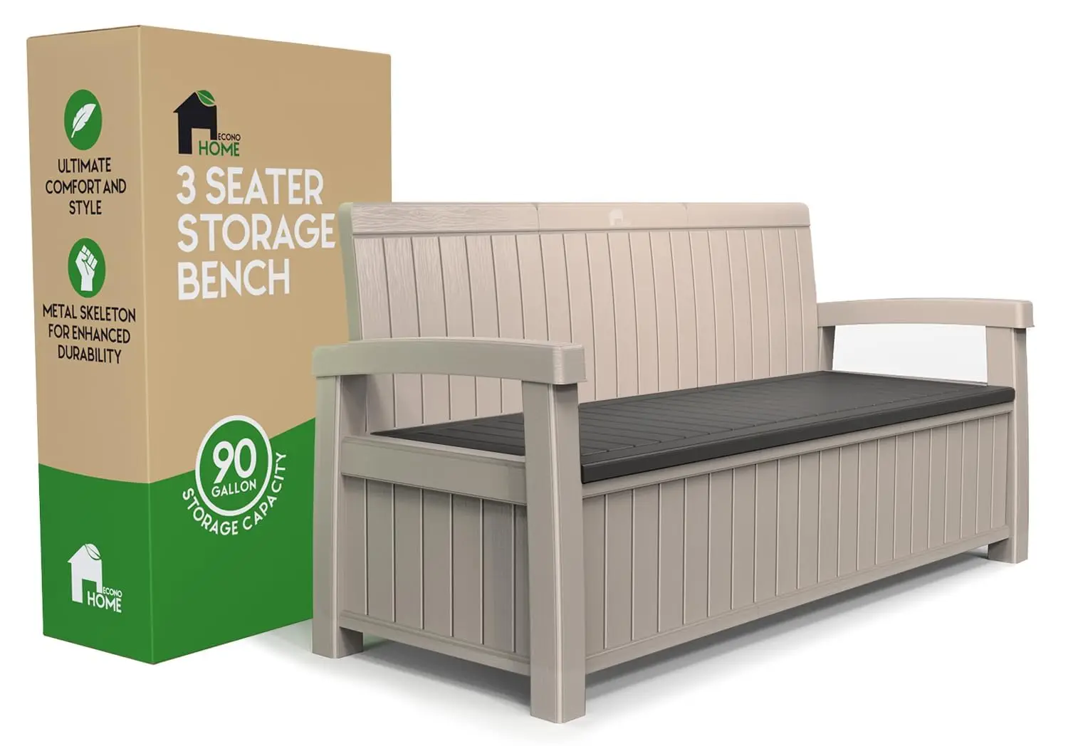 3 Seat Outdoor Storage Bench, 90 Gallon Capacity, Weatherproof Resin Bench for Patio, Porch, Garden, Yard, Pool Area